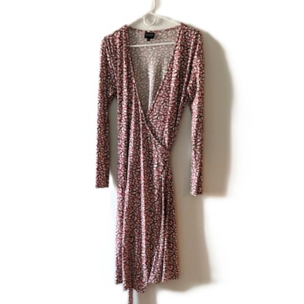 Bigio Collection Long Sleeve Wrap Dress with Brown and Pink Colors